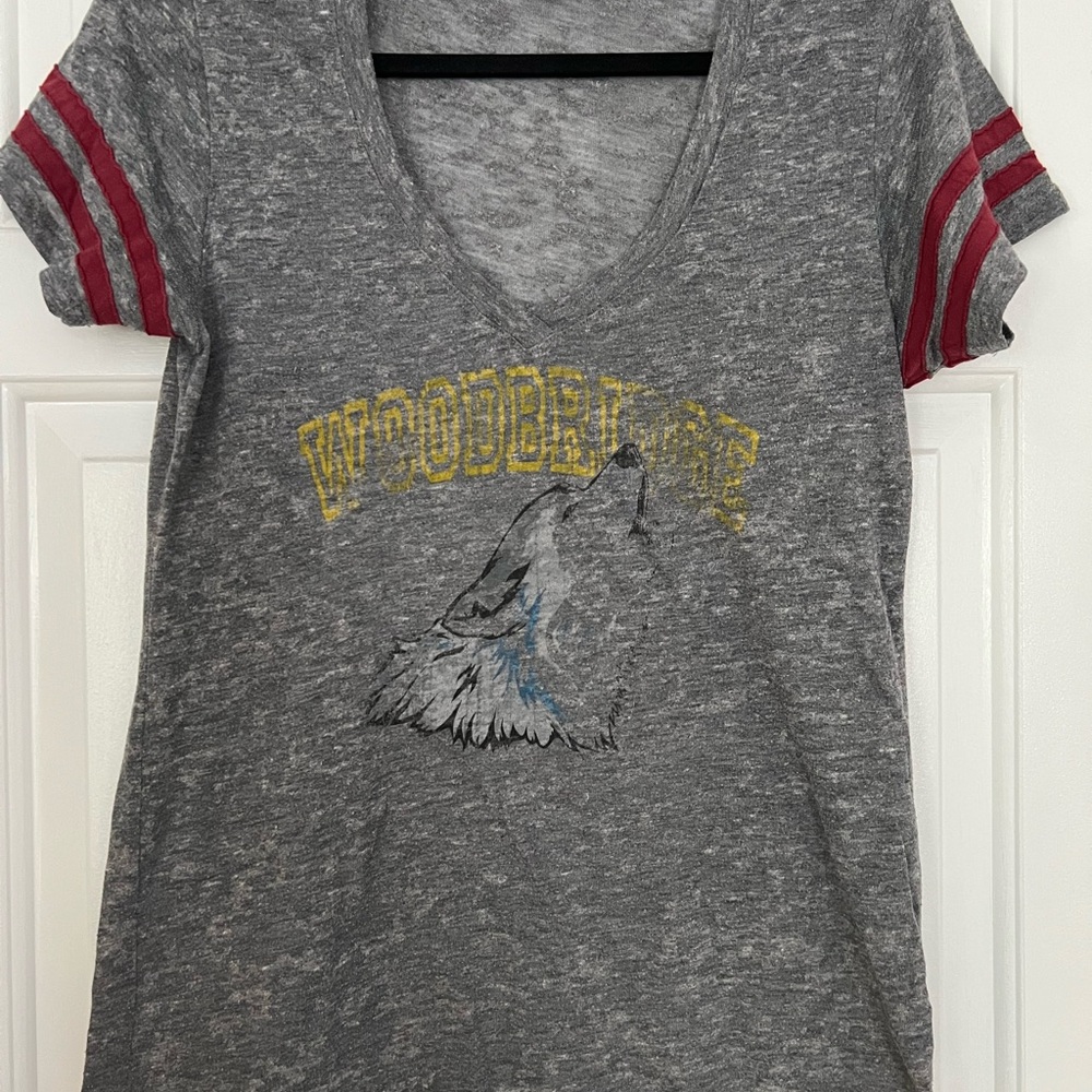 Gray Graphic Tee with Red Stripes